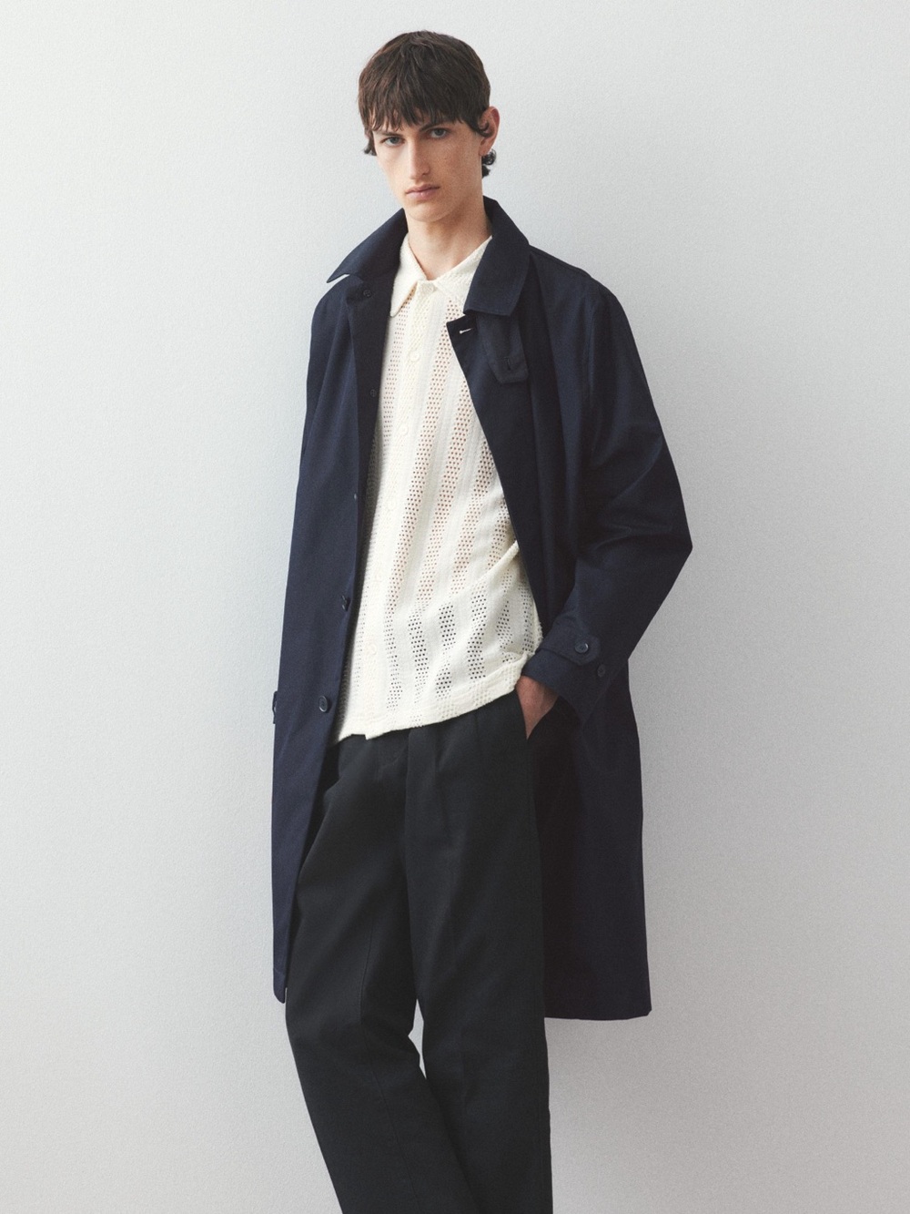 H&M Essentials No 14 Mac Coat Mens XL Navy Blue Cotton Trench Jacket New